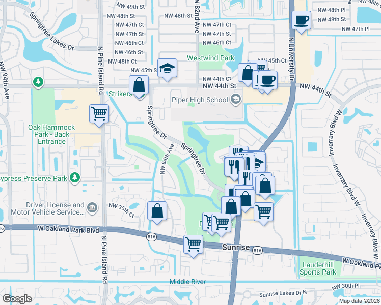 map of restaurants, bars, coffee shops, grocery stores, and more near 3601 Northwest 83rd Avenue in Sunrise
