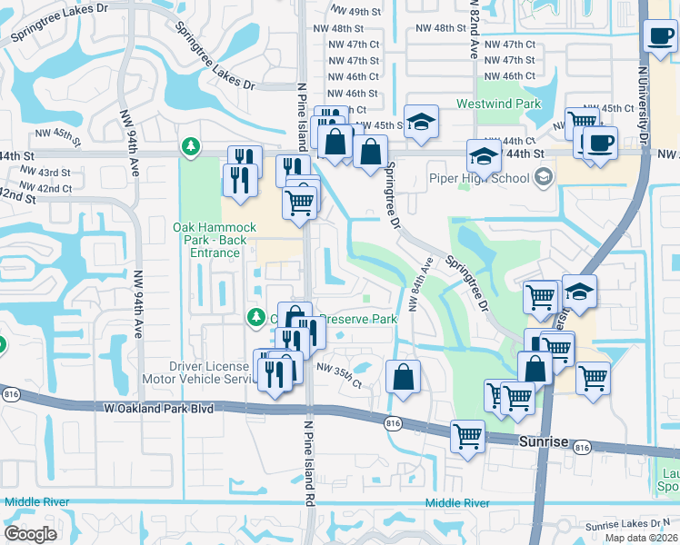 map of restaurants, bars, coffee shops, grocery stores, and more near 8771 Northwest 39th Street in Sunrise
