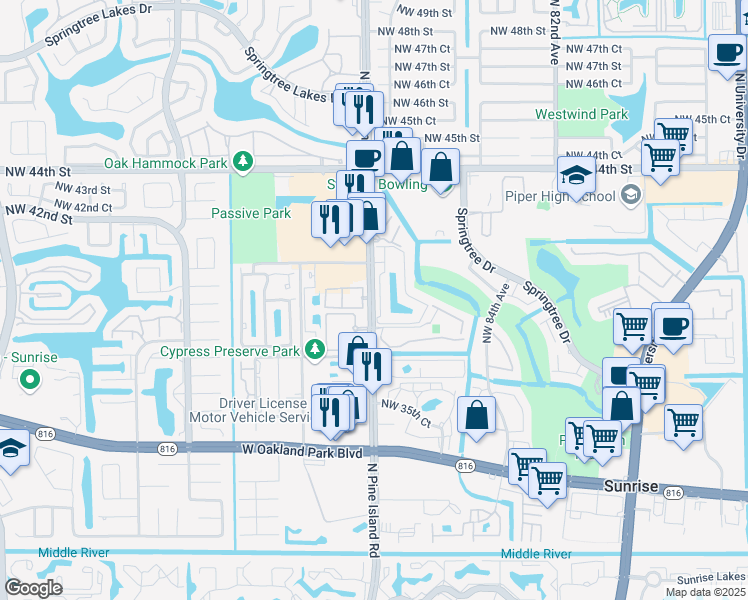 map of restaurants, bars, coffee shops, grocery stores, and more near 3891 North Pine Island Road in Sunrise