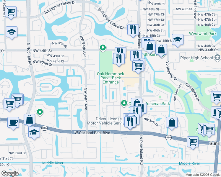 map of restaurants, bars, coffee shops, grocery stores, and more near 3941 Northwest 91st Terrace in Sunrise