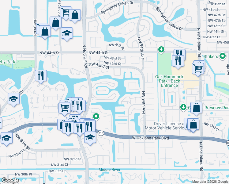map of restaurants, bars, coffee shops, grocery stores, and more near 580 Nob Hill Court in Sunrise
