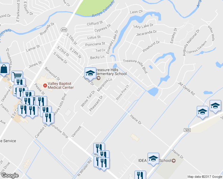 map of restaurants, bars, coffee shops, grocery stores, and more near 2802 Austrian Pine Court in Harlingen