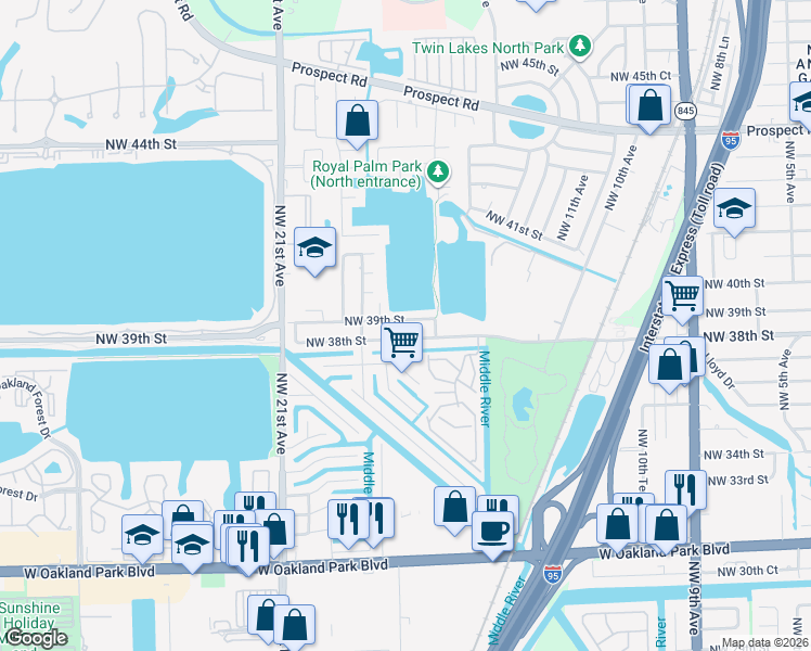 map of restaurants, bars, coffee shops, grocery stores, and more near 1736 Northwest 38th Street in Oakland Park