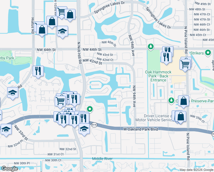 map of restaurants, bars, coffee shops, grocery stores, and more near 580 Nob Hill Court in Sunrise