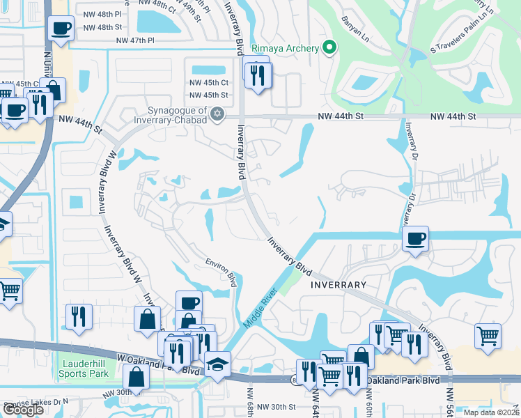 map of restaurants, bars, coffee shops, grocery stores, and more near 3882 Northwest 67th Way in Lauderhill