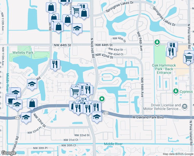 map of restaurants, bars, coffee shops, grocery stores, and more near 460 Nob Hill Court in Sunrise