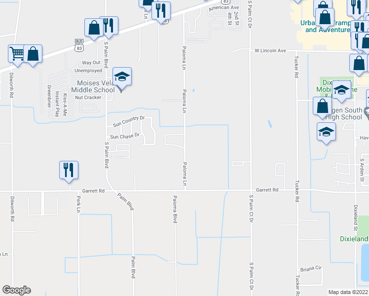 map of restaurants, bars, coffee shops, grocery stores, and more near 26548 Paloma Lane in Harlingen