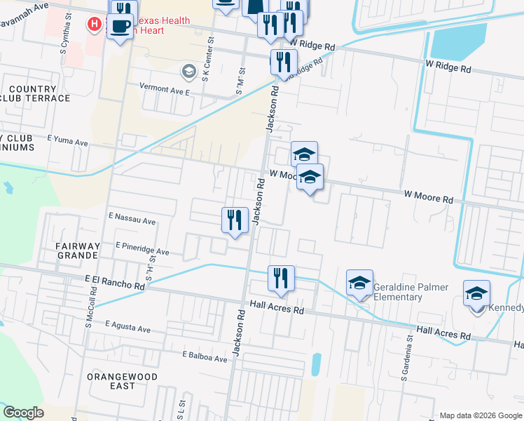 map of restaurants, bars, coffee shops, grocery stores, and more near 2001 South Jackson Road in Pharr