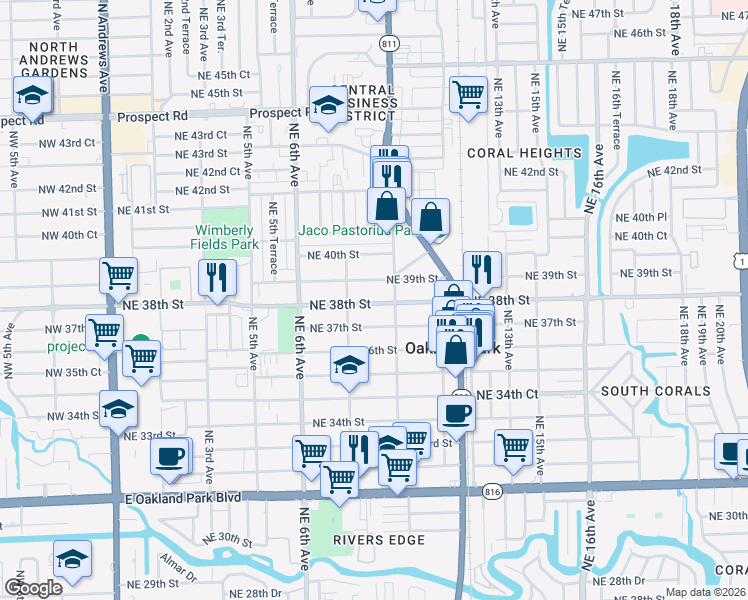 map of restaurants, bars, coffee shops, grocery stores, and more near 901 Northeast 38th Street in Oakland Park