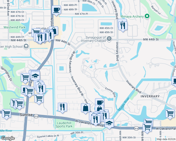 map of restaurants, bars, coffee shops, grocery stores, and more near 7080 Environ Boulevard in Lauderhill