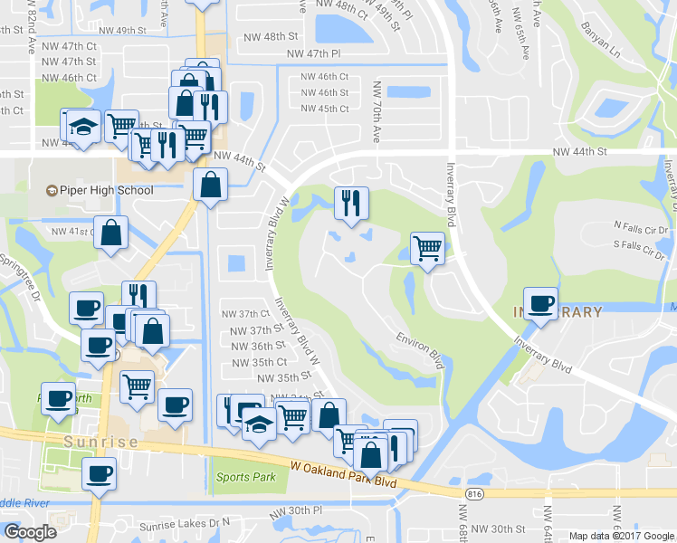 map of restaurants, bars, coffee shops, grocery stores, and more near 3841 Environ Boulevard in Lauderhill