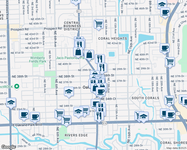 map of restaurants, bars, coffee shops, grocery stores, and more near in Oakland Park