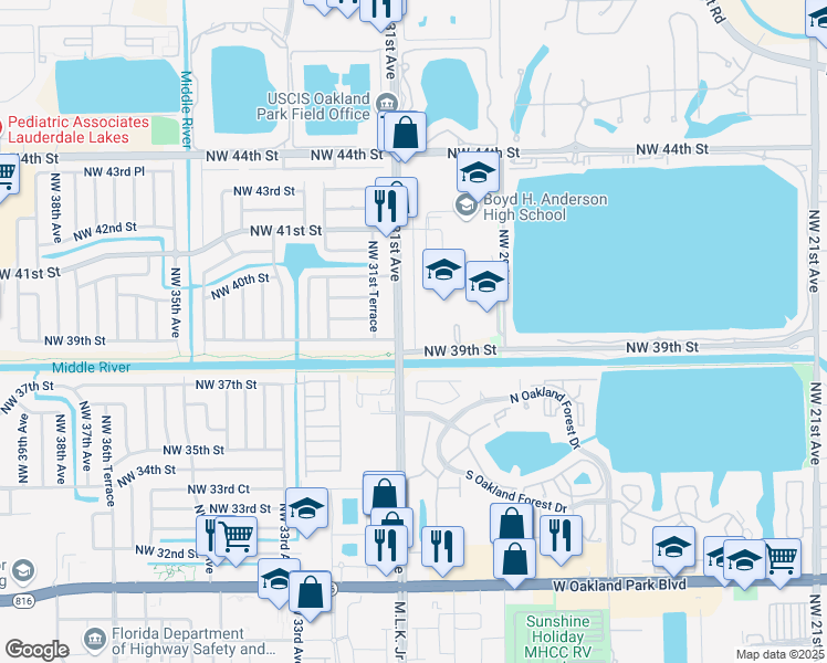 map of restaurants, bars, coffee shops, grocery stores, and more near 3901 Northwest 30th Terrace in Lauderdale Lakes