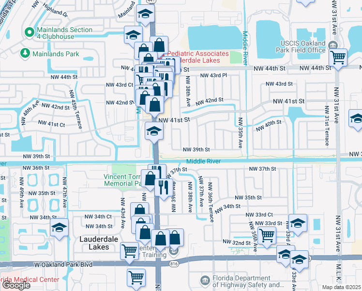 map of restaurants, bars, coffee shops, grocery stores, and more near 3810 Northwest 39th Street in Lauderdale Lakes