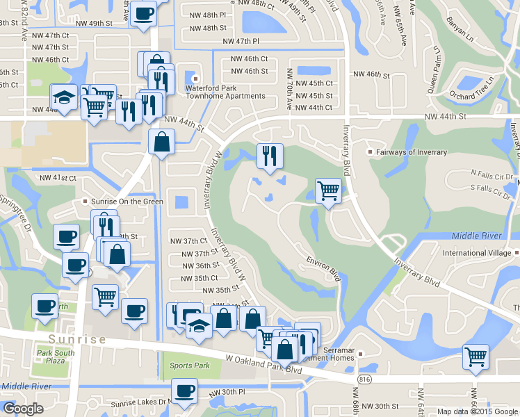 map of restaurants, bars, coffee shops, grocery stores, and more near 3841 Environ Boulevard in Lauderhill