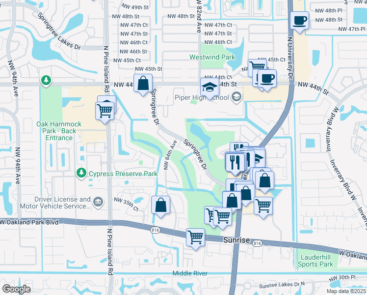 map of restaurants, bars, coffee shops, grocery stores, and more near 3601 Northwest 83rd Avenue in Sunrise