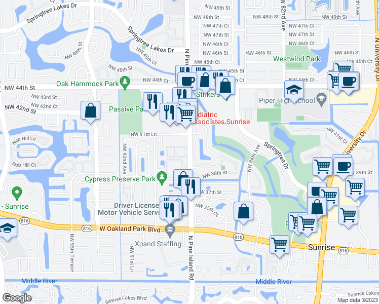 map of restaurants, bars, coffee shops, grocery stores, and more near 3891 North Pine Island Road in Sunrise