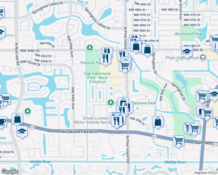 map of restaurants, bars, coffee shops, grocery stores, and more near 3930 Northwest 90th Way in Sunrise