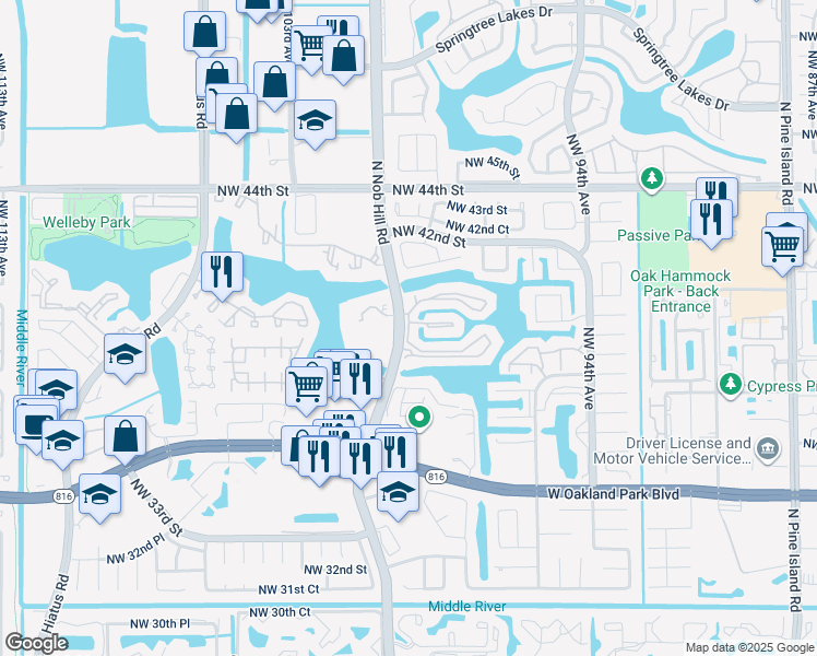 map of restaurants, bars, coffee shops, grocery stores, and more near 460 Nob Hill Court in Sunrise
