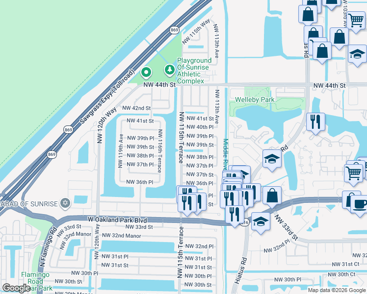 map of restaurants, bars, coffee shops, grocery stores, and more near 11457 Northwest 38th Place in Sunrise