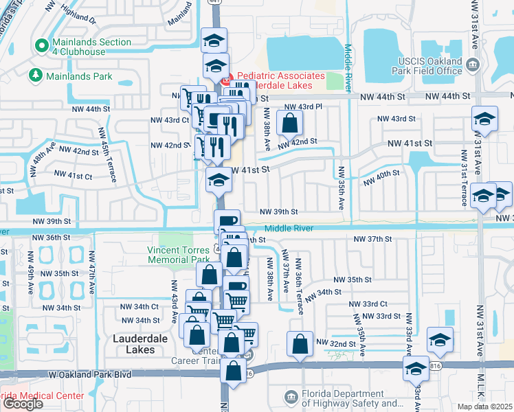 map of restaurants, bars, coffee shops, grocery stores, and more near 3810 Northwest 39th Street in Lauderdale Lakes