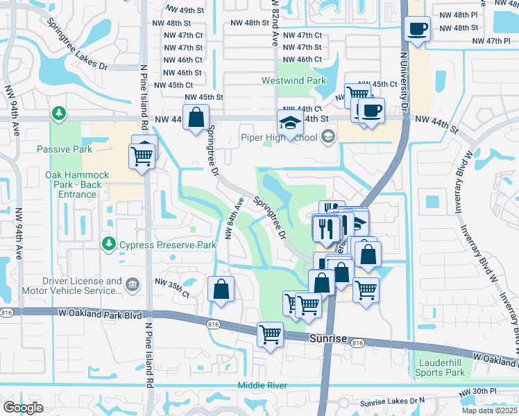 map of restaurants, bars, coffee shops, grocery stores, and more near 8311 Springtree Drive in Sunrise