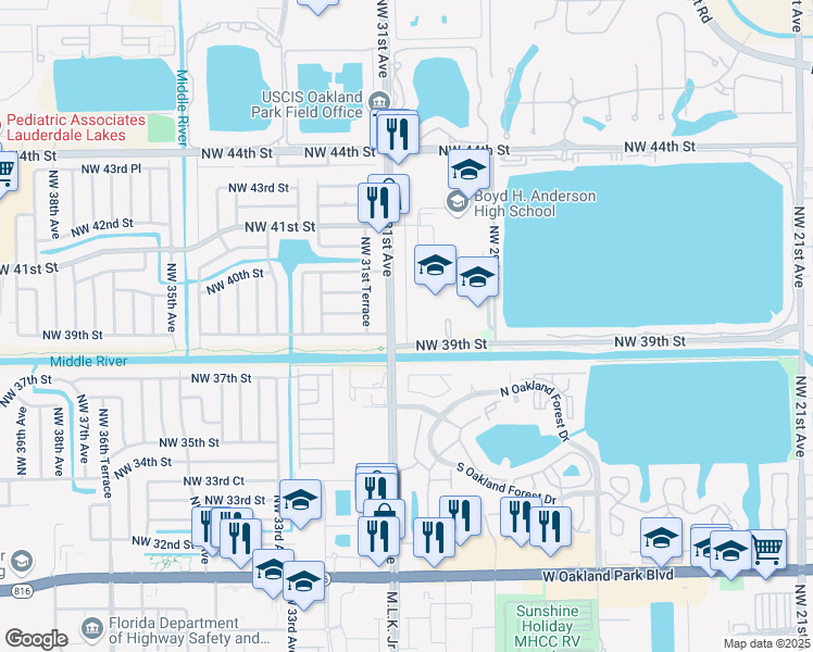 map of restaurants, bars, coffee shops, grocery stores, and more near 3901 Northwest 30th Terrace in Lauderdale Lakes