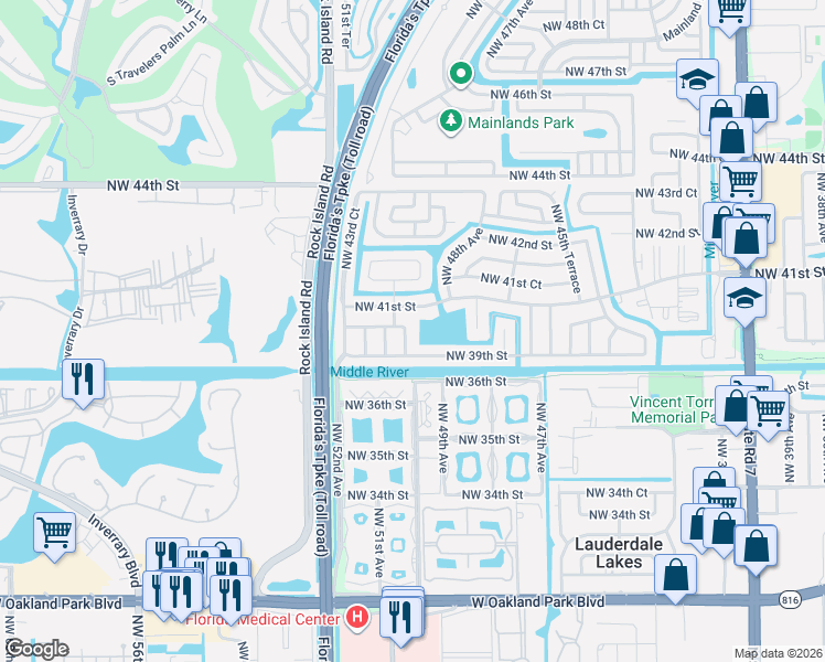 map of restaurants, bars, coffee shops, grocery stores, and more near 3901 Northwest 50th Avenue in Lauderdale Lakes