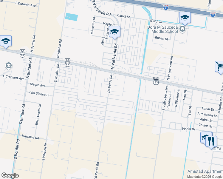 map of restaurants, bars, coffee shops, grocery stores, and more near 100 Angie Street in Donna