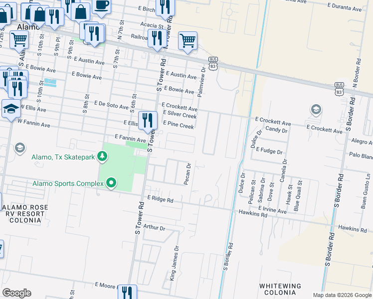 map of restaurants, bars, coffee shops, grocery stores, and more near 400 Spanish Oak Drive in Alamo