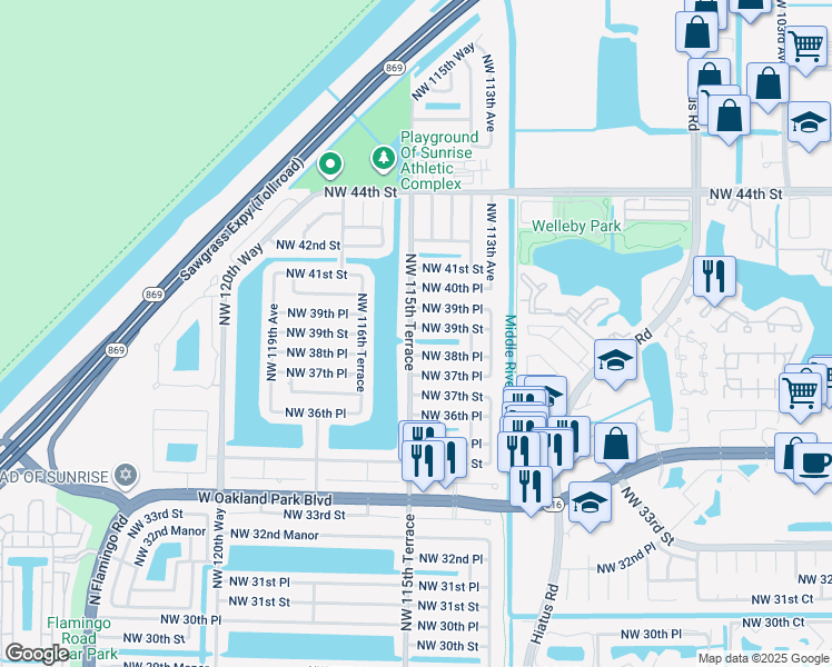 map of restaurants, bars, coffee shops, grocery stores, and more near 11457 Northwest 38th Place in Sunrise