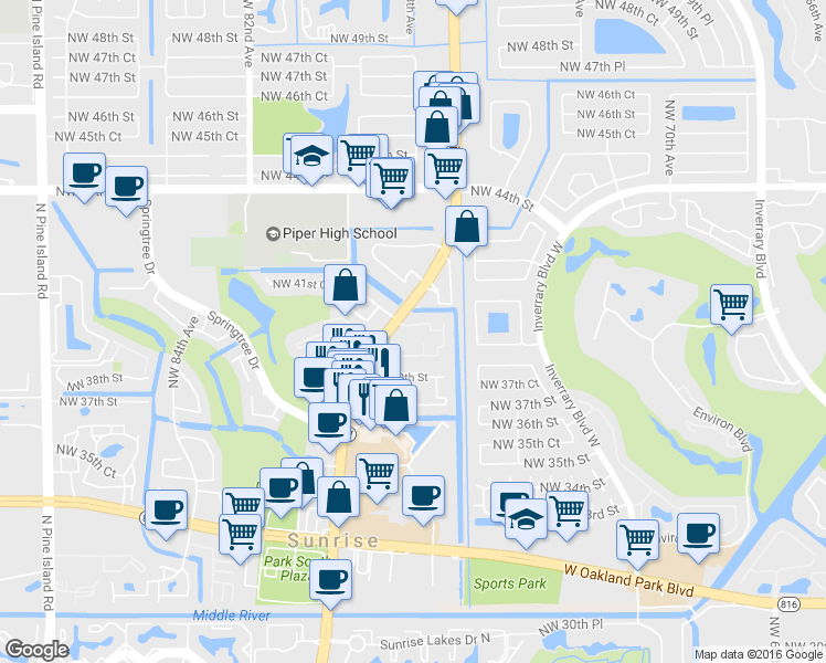 map of restaurants, bars, coffee shops, grocery stores, and more near 7734 Balboa Street in Sunrise