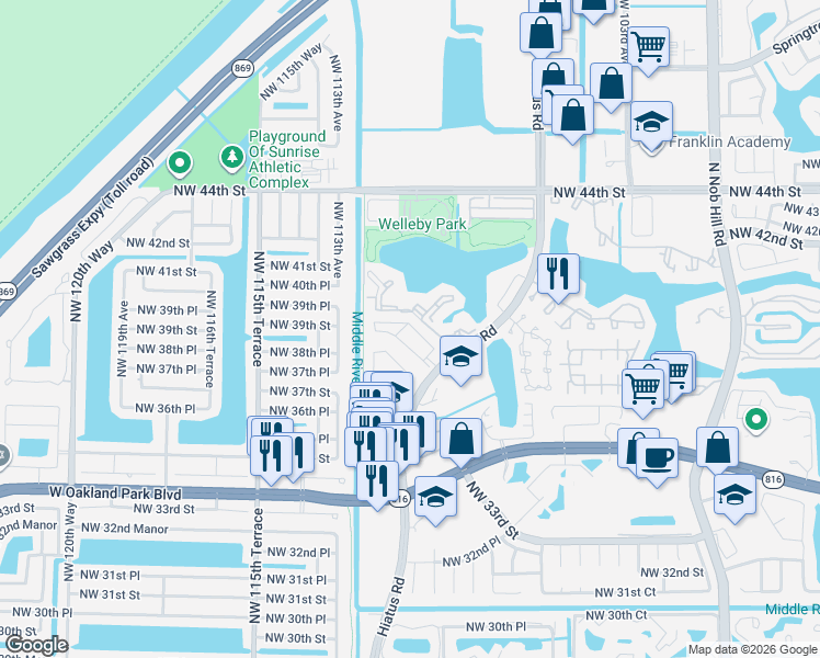 map of restaurants, bars, coffee shops, grocery stores, and more near 11098 Northwest 38th Street in Sunrise