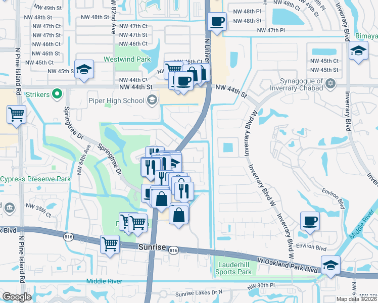 map of restaurants, bars, coffee shops, grocery stores, and more near 7734 Balboa Street in Sunrise