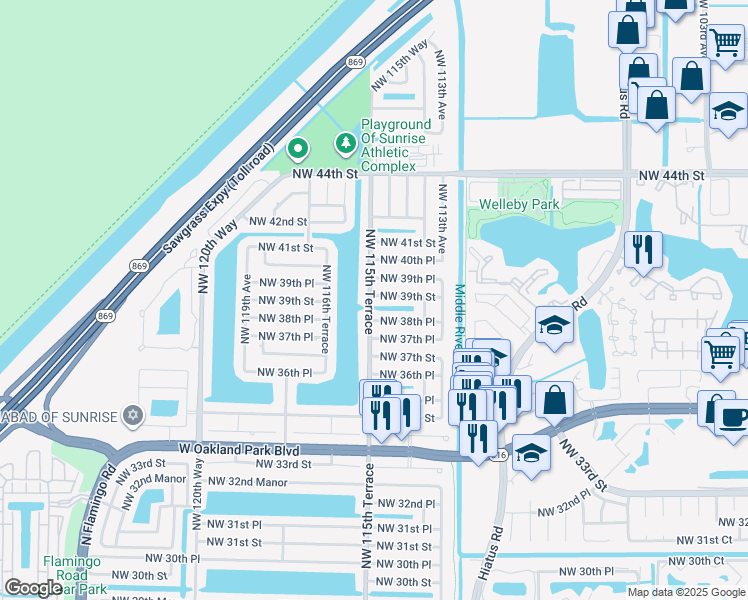 map of restaurants, bars, coffee shops, grocery stores, and more near 11457 Northwest 38th Place in Sunrise