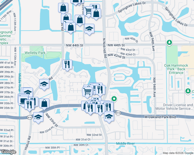 map of restaurants, bars, coffee shops, grocery stores, and more near 4025 North Nob Hill Road in Sunrise