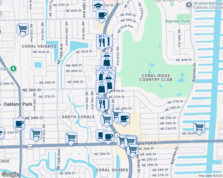 map of restaurants, bars, coffee shops, grocery stores, and more near 3850 North Federal Highway in Fort Lauderdale