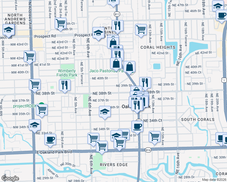 map of restaurants, bars, coffee shops, grocery stores, and more near 999 Northeast 39th Street in Oakland Park