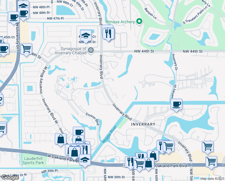 map of restaurants, bars, coffee shops, grocery stores, and more near 3930 Inverrary Boulevard in Lauderhill