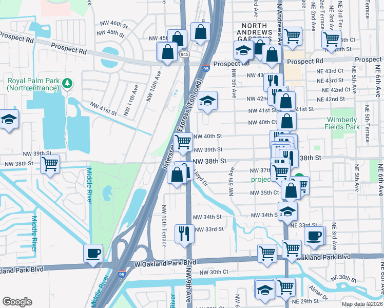 map of restaurants, bars, coffee shops, grocery stores, and more near 890 Northwest 39th Street in Oakland Park