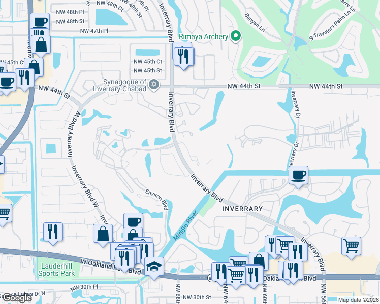 map of restaurants, bars, coffee shops, grocery stores, and more near 3930 Inverrary Boulevard in Lauderhill