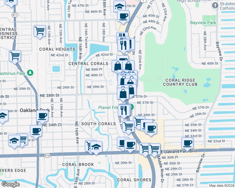 map of restaurants, bars, coffee shops, grocery stores, and more near 3825 North Federal Highway in Oakland Park