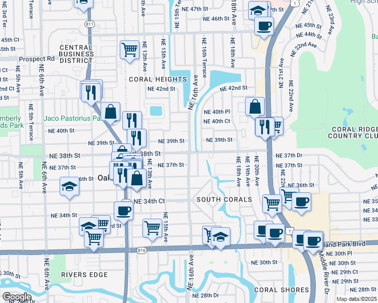 map of restaurants, bars, coffee shops, grocery stores, and more near 1576 Northeast 39th Street in Oakland Park