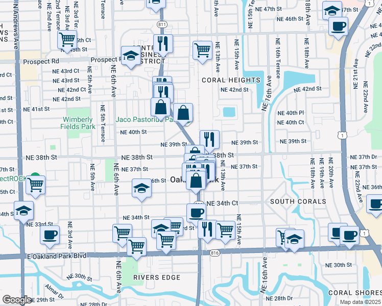 map of restaurants, bars, coffee shops, grocery stores, and more near 1078 Northeast 39th Street in Oakland Park
