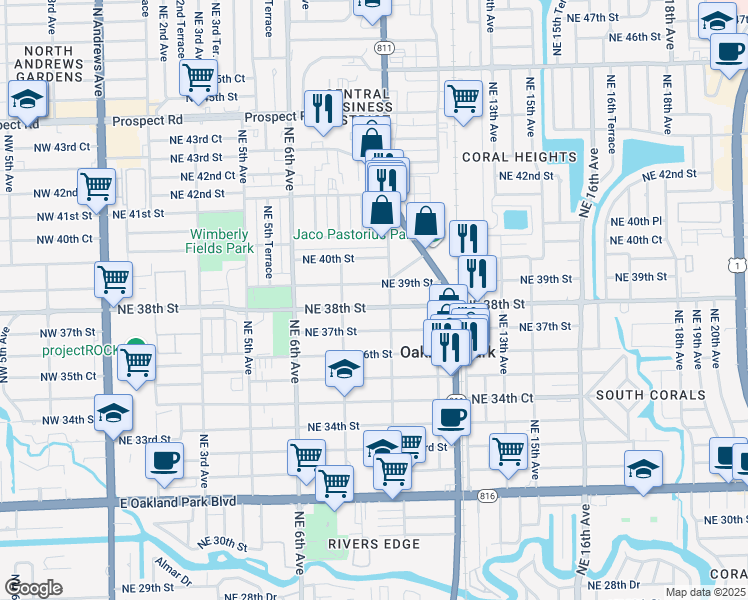 map of restaurants, bars, coffee shops, grocery stores, and more near 999 Northeast 39th Street in Oakland Park