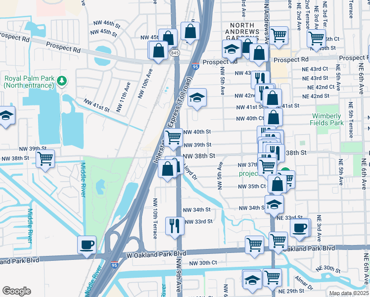 map of restaurants, bars, coffee shops, grocery stores, and more near 841 Northwest 39th Street in Oakland Park