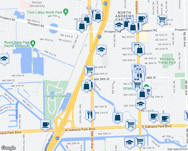 map of restaurants, bars, coffee shops, grocery stores, and more near 841 Northwest 39th Street in Oakland Park