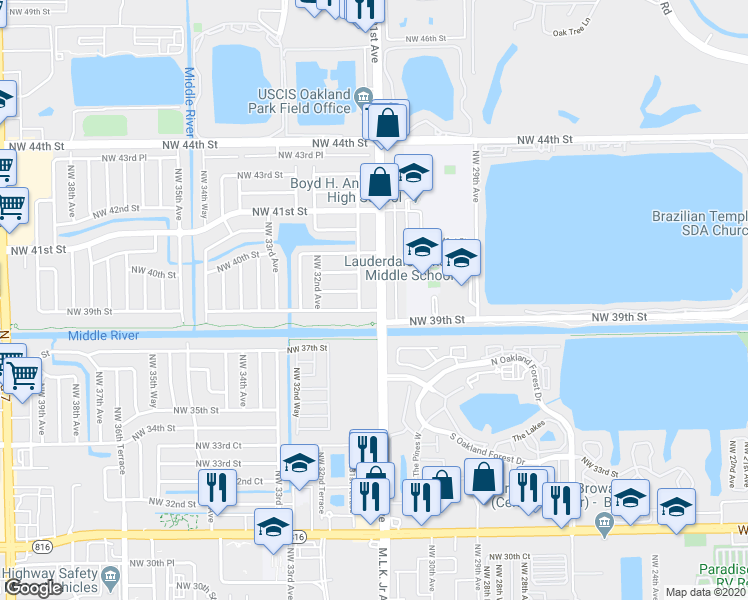 map of restaurants, bars, coffee shops, grocery stores, and more near 3951 Northwest 30th Terrace in Lauderdale Lakes