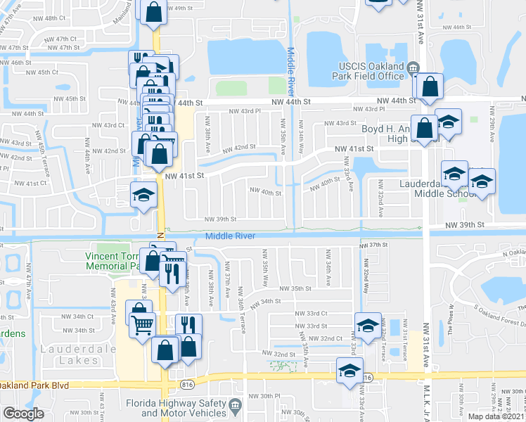 map of restaurants, bars, coffee shops, grocery stores, and more near 3961 Northwest 36th Avenue in Lauderdale Lakes