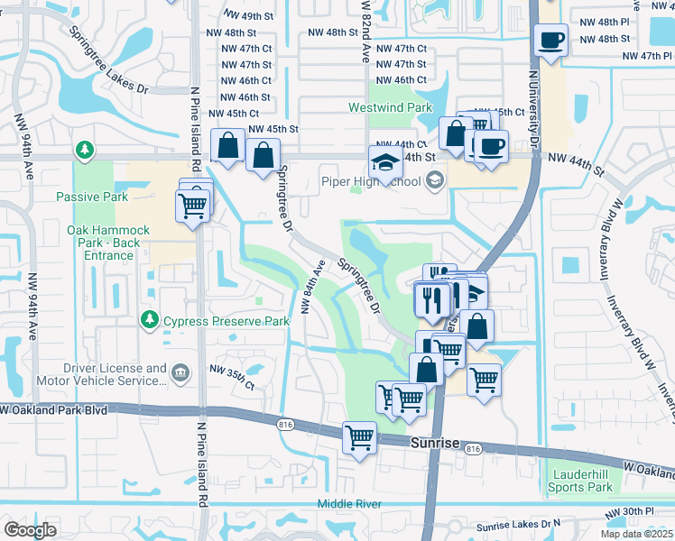 map of restaurants, bars, coffee shops, grocery stores, and more near 8311 Springtree Drive in Sunrise